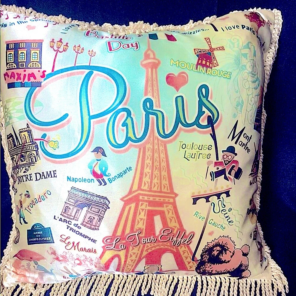 Eiffel Tower Catstudio Fringed Silk Throw Pillow